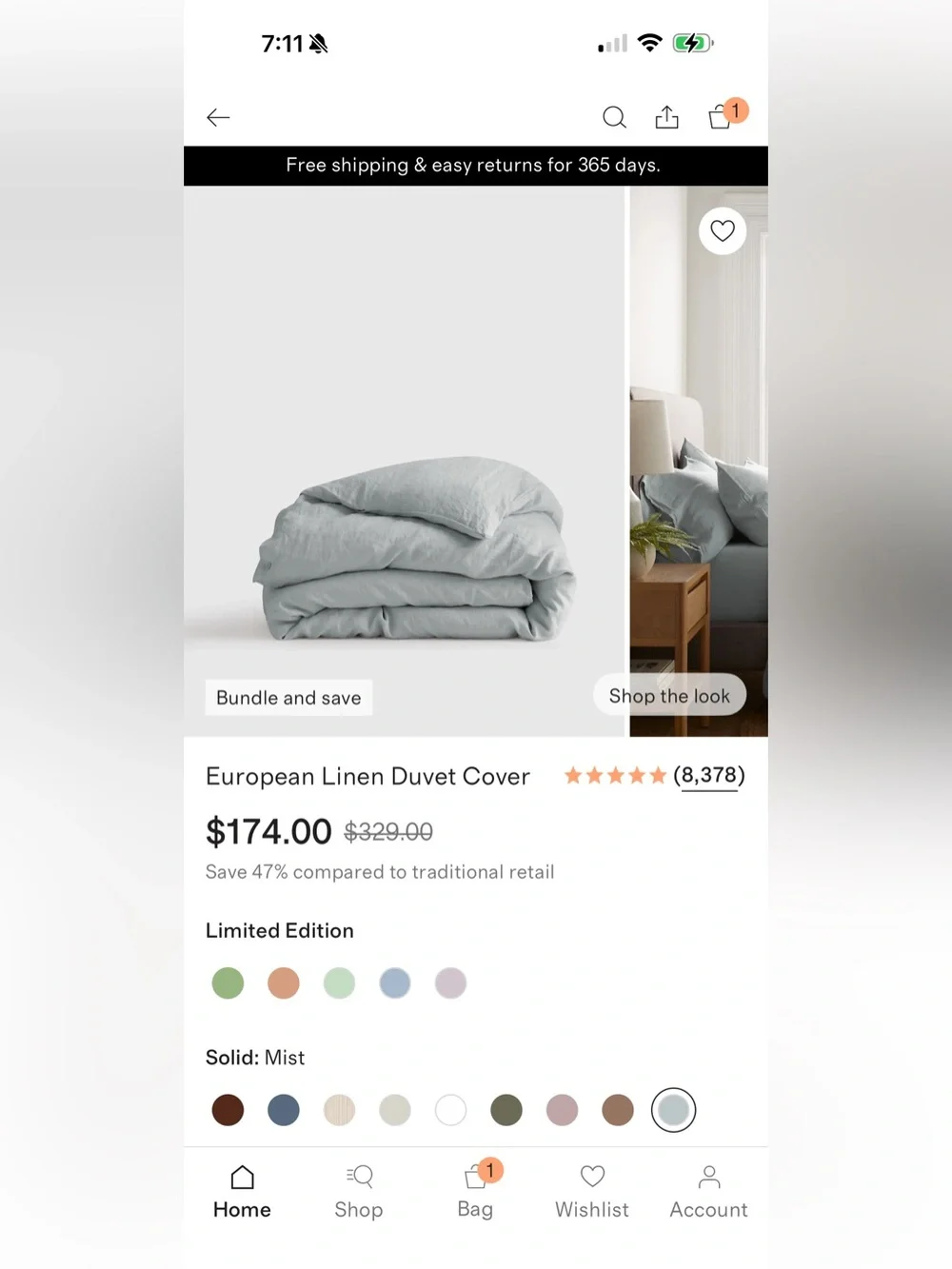 Mist European Linen King/Cal King Duvet - Retail $174